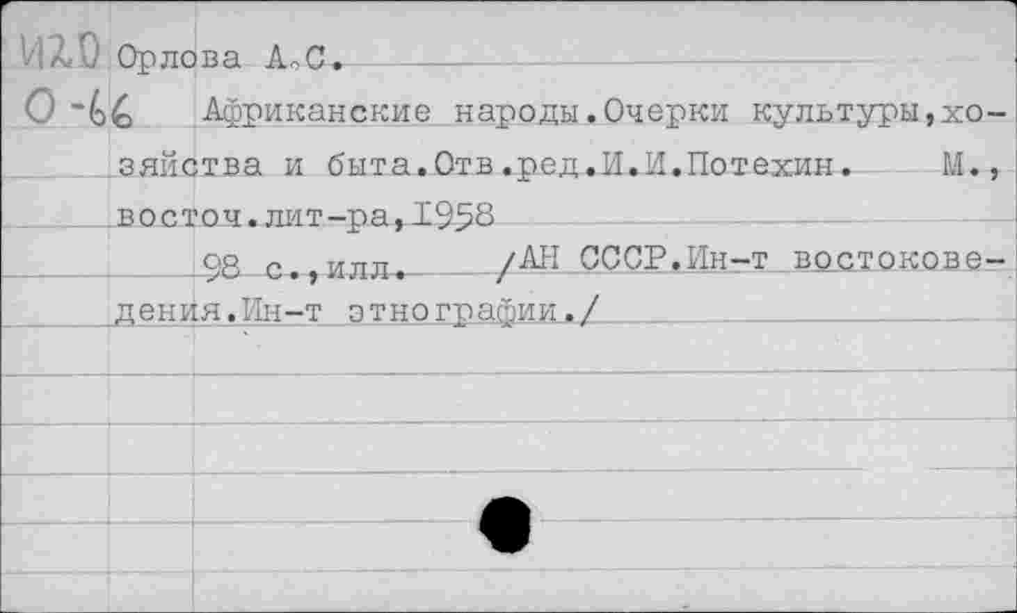 ﻿И2,[) Орлова А~С.
О Африканские народы.Очерки культуры,хозяйства и быта.Отв.ред.И.И.Потехин. М., -Двосточ. лит-ра, 1958
9'8 с., илл. /АН СССР.Ин-т востокове-
____денйя.Ин-т этнографии./___________________